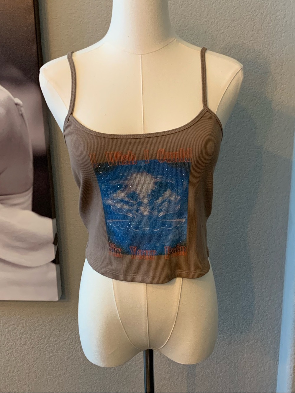 Boys Lie “Washed Up” Cropped Brown Camisole Ribbed Tank Top Blue Graphic  M/L